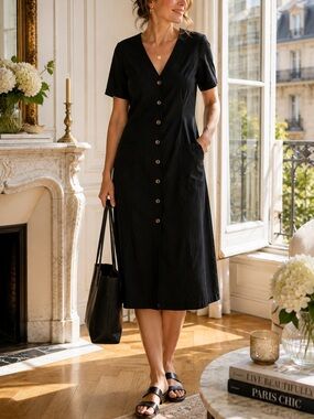 Primark Black Linen Dress Button Front V-Neck Midi Dress Size 14 Lined